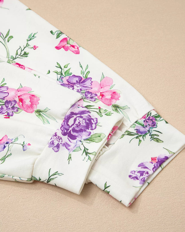 Floral Print Round Neck Top and Drawstring Pants Lounge Set