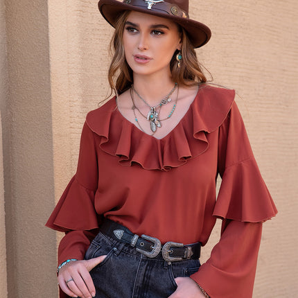 Statement Collar Long Sleeve Blouse Brick Red