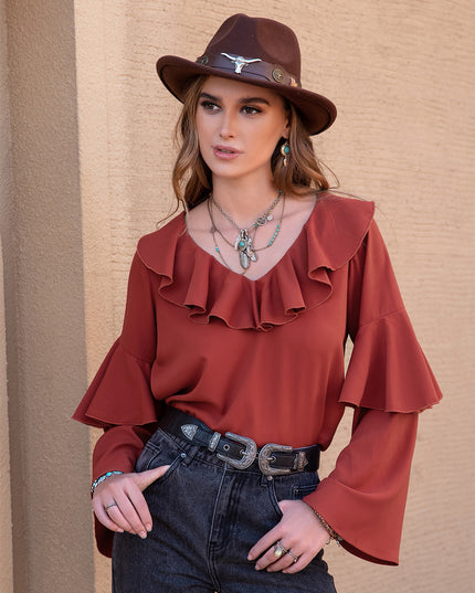 Statement Collar Long Sleeve Blouse Brick Red