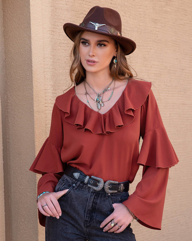 Statement Collar Long Sleeve Blouse Brick Red