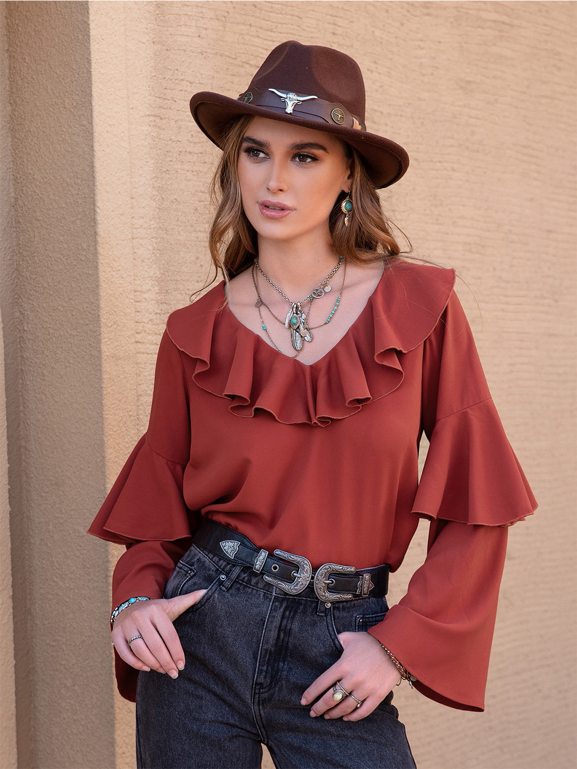 Statement Collar Long Sleeve Blouse Brick Red