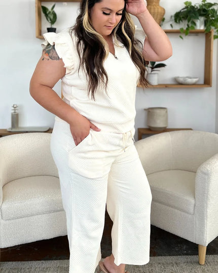 Double Take Texture Ruffle Short Sleeve Top and Drawstring Wide Leg Pants Set
