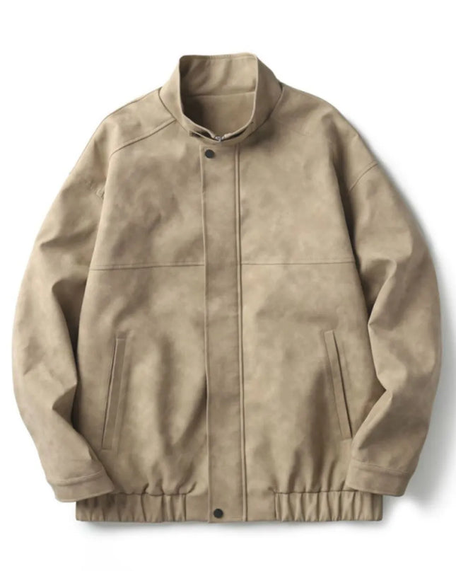 Men's Plus Size Zip Up Stand Collar Biker Jacket Khaki