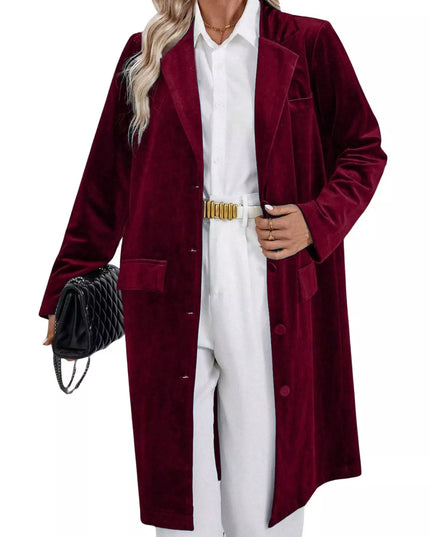 Lapel Collar Long Sleeve Longline Coat Burgundy
