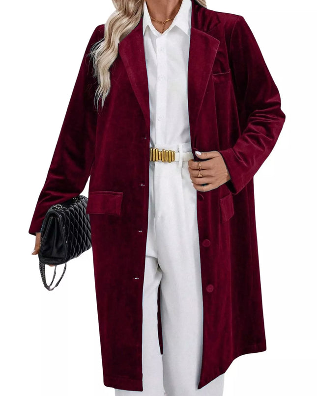 Lapel Collar Long Sleeve Longline Coat Burgundy