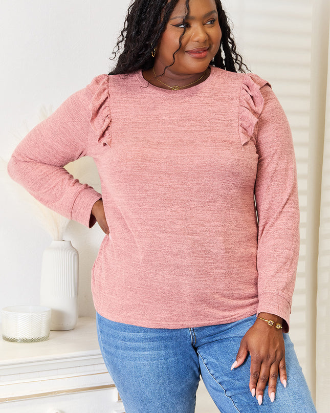 Double Take Ruffle Shoulder Long Sleeve T-Shirt Dusty Pink