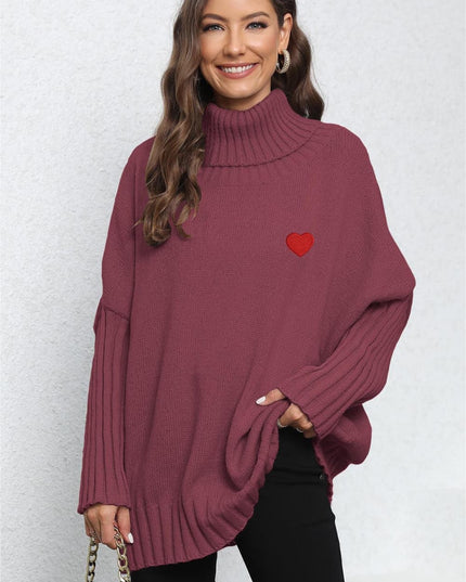 Turtle Neck Long Sleeve Ribbed Sweater Burgundy One Size