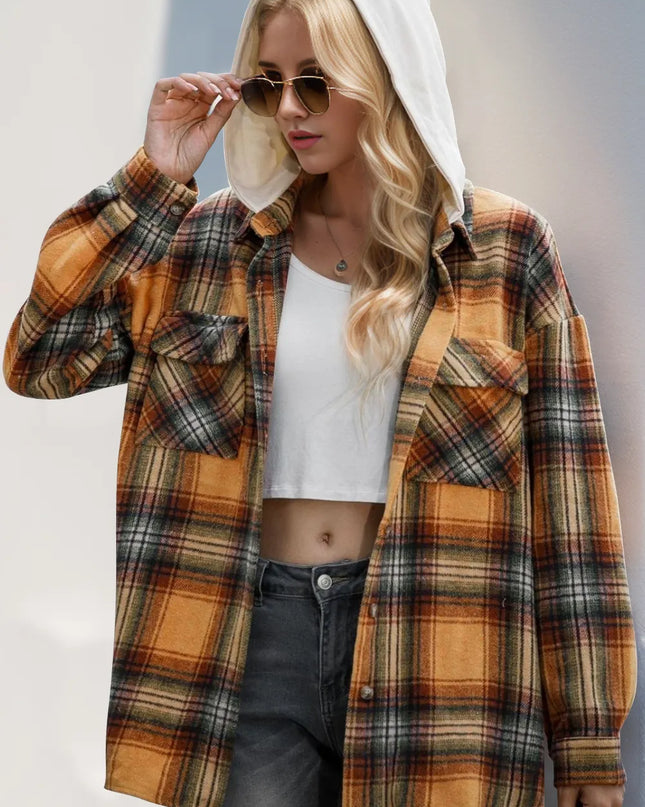 Double Take Drawstring Plaid Long Sleeve Hooded Shacket Sherbet