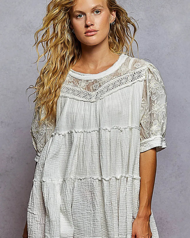 POL Lace Detail Tiered Round Neck Half Sleeve Blouse OFFWHITE