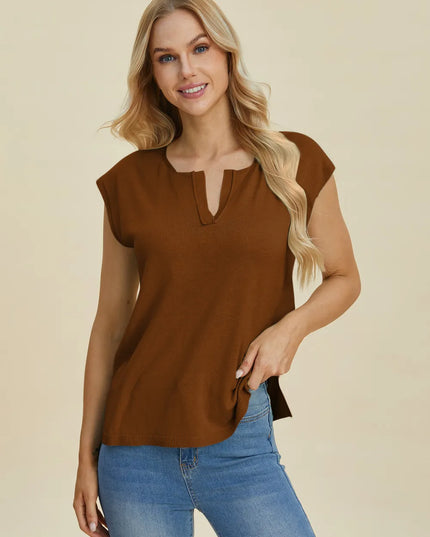 Double Take Full Size Notched Cap Sleeve Knit Top Caramel