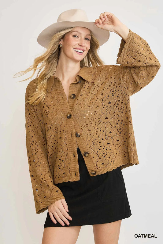 Umgee Crochet Button Down Knit Cardigan OATMEAL