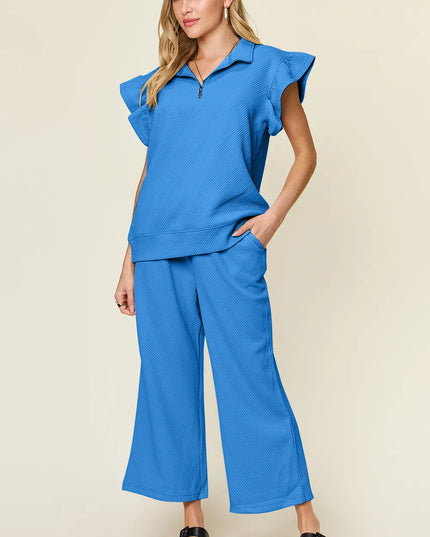 Double Take Texture Ruffle Short Sleeve Top and Drawstring Wide Leg Pants Set