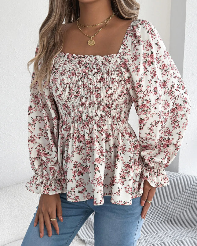 Floral Square Neck Flounce Sleeve Blouse 