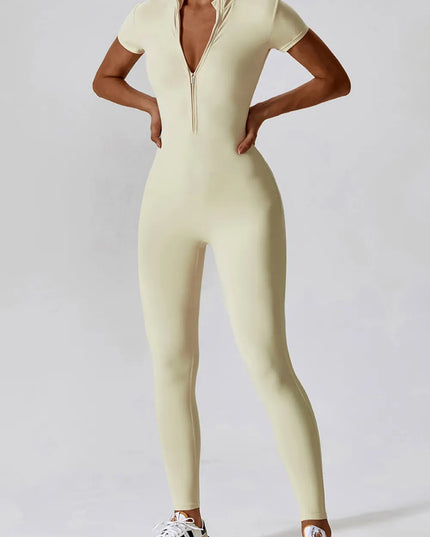 Basic Bae Half Zip Short Sleeve Active Jumpsuit 