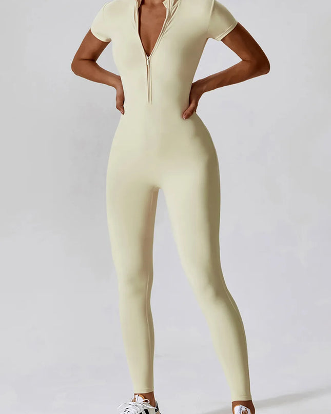 Basic Bae Half Zip Short Sleeve Active Jumpsuit 