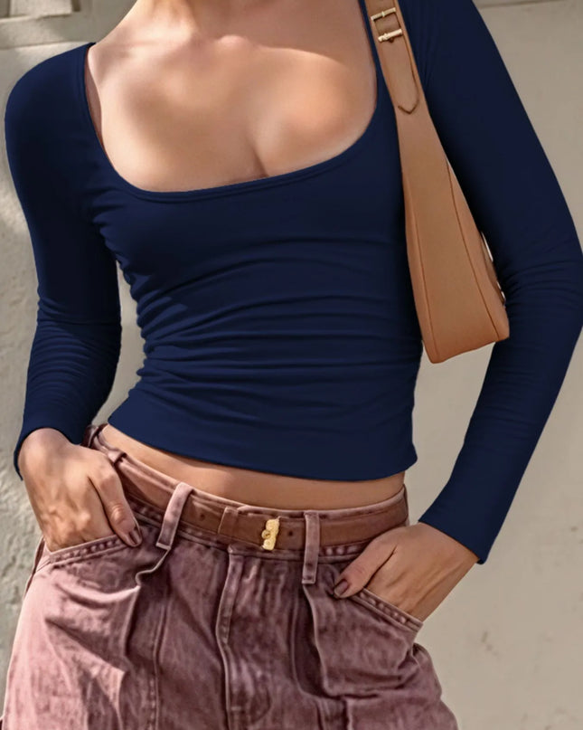 Long Sleeve Scoop Neck Fitted T-Shirt Navy Blue