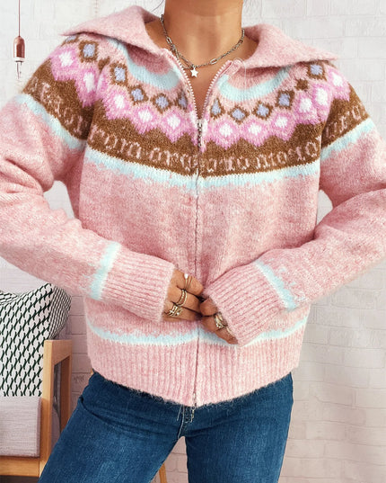 Fair Isle Pattern Zip-Up Cardigan