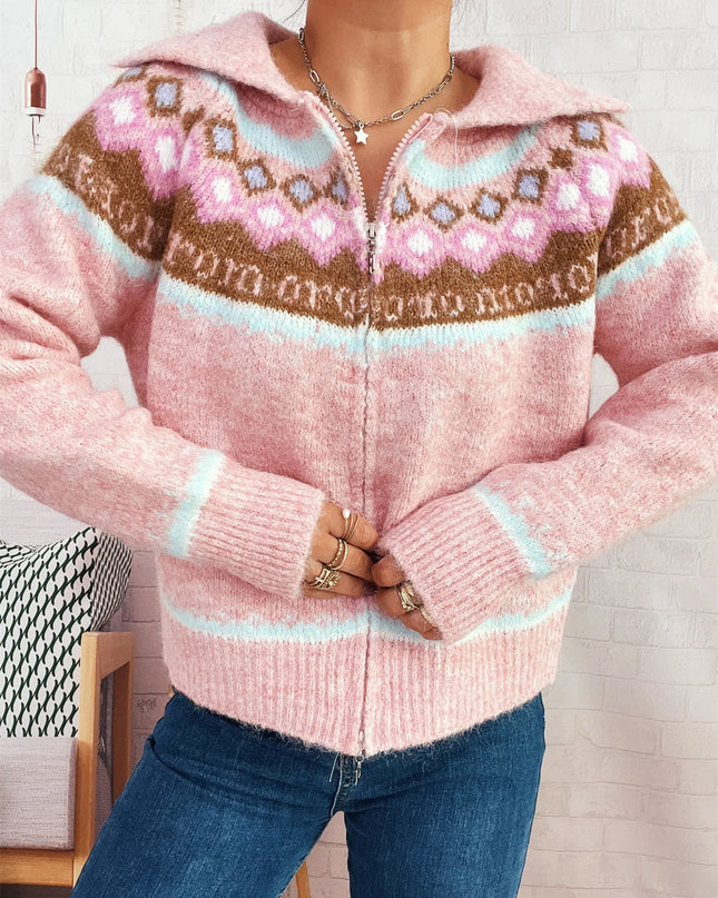 Fair Isle Pattern Zip-Up Cardigan