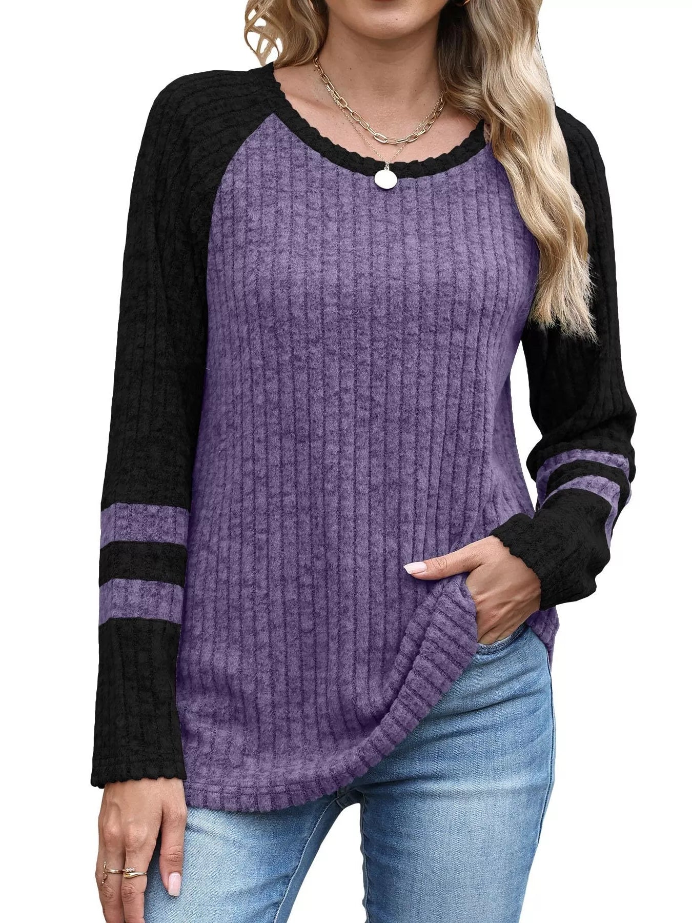 Ribbed Round Neck Raglan Sleeve Top