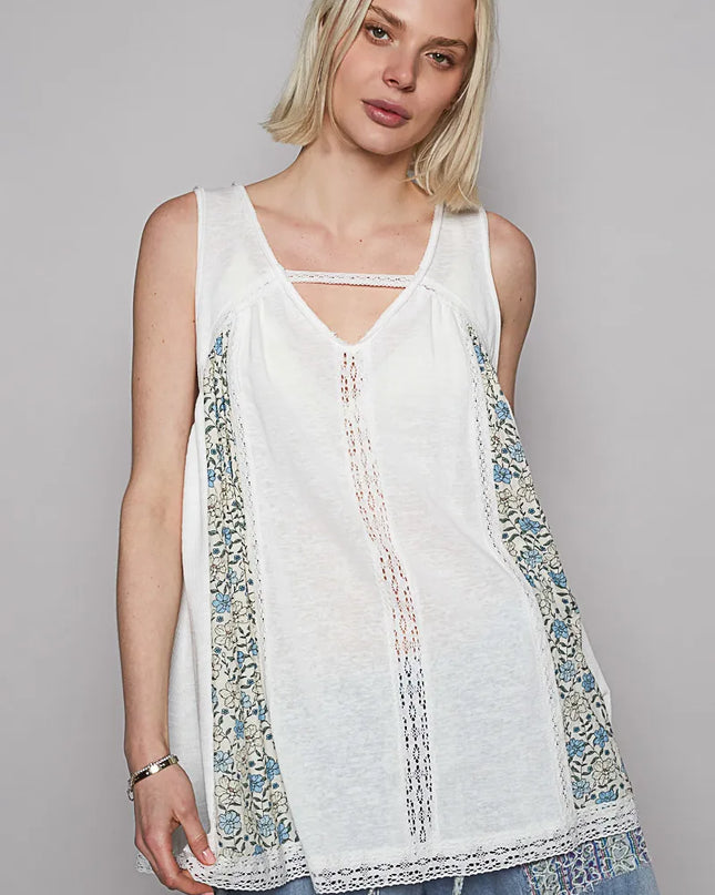 POL V Neck Sleeveless Tank Top with Lace Detail OFFWHITE