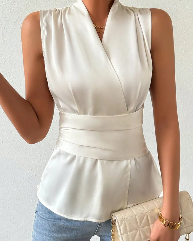 Surplice Sleeveless Satin Blouse