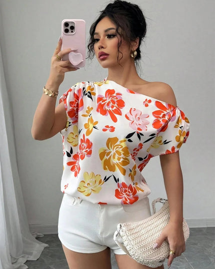 Floral Print One Shoulder Short Sleeve Blouse