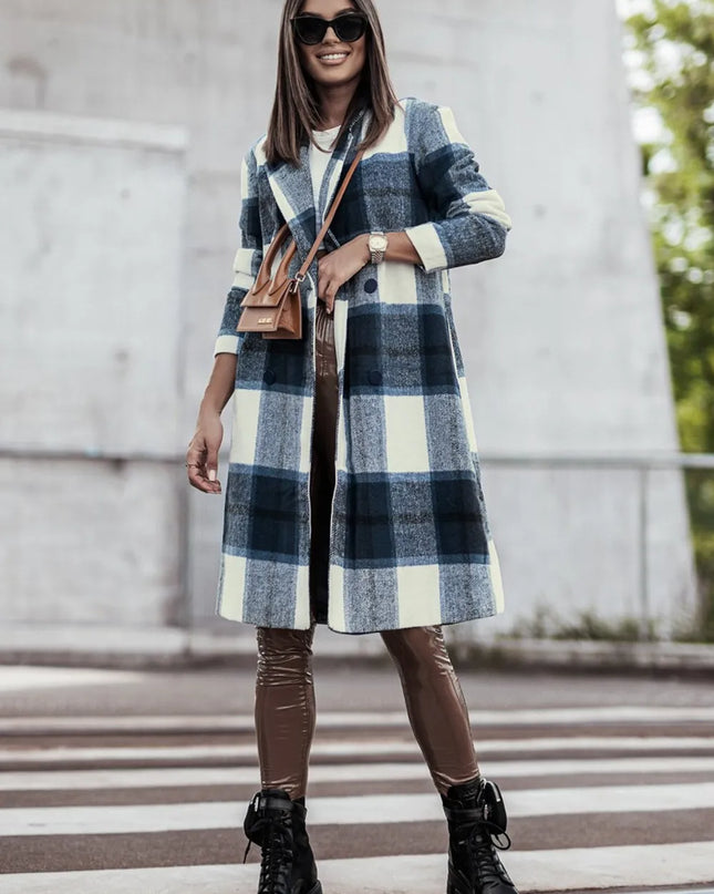 Double Take Full Size Plaid Button Up Lapel Collar Coat Peacock Blue