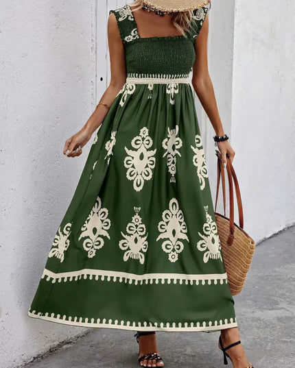 Smocked Printed Wide Strap Maxi Dress 