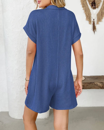 Button Detail Collared Neck Short Sleeve Romper Dark Blue