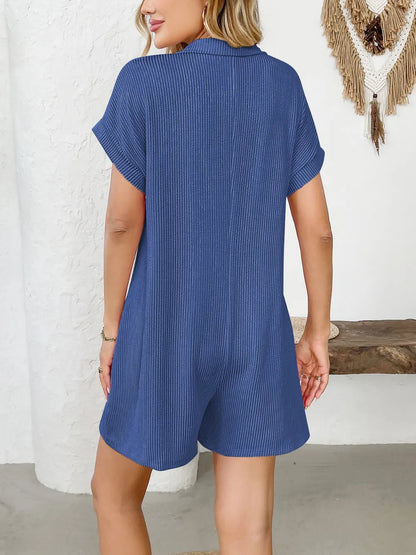 Button Detail Collared Neck Short Sleeve Romper Dark Blue