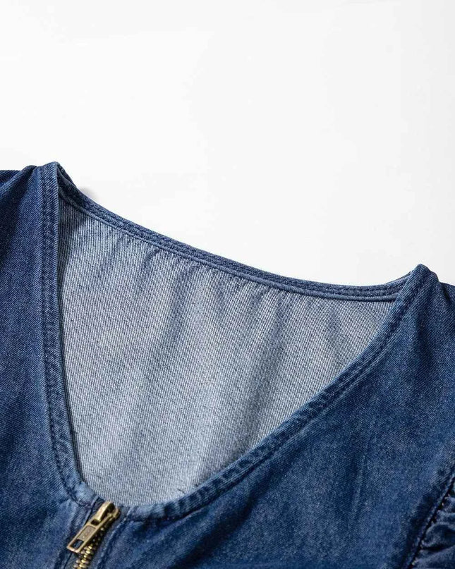 Denim Ruffled Zipped Front Belted Romper