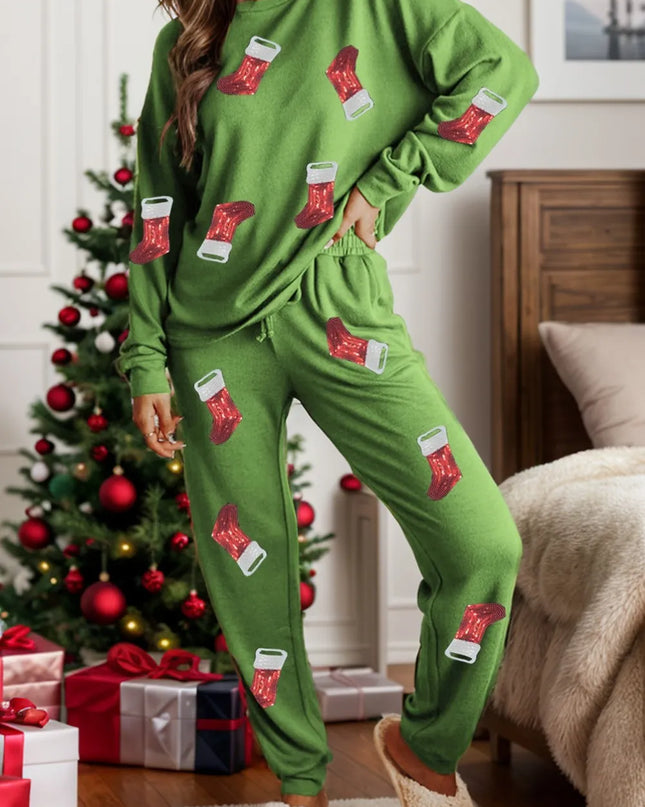 Sequin Socks Round Neck Long Sleeve Top and Pants Lounge Set Matcha Green