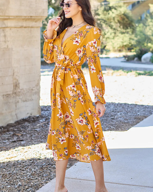 Double Take Full Size Floral Tie Back Flounce Sleeve Dress