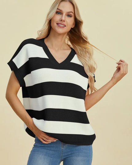 Double Take Full Size Striped V-Neck Short Sleeve Sweater Black
