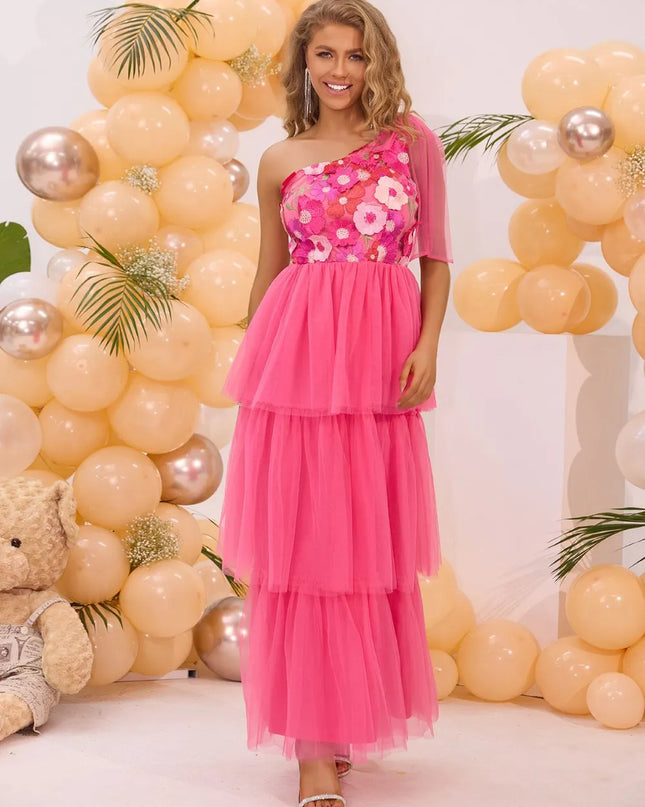 Embroidered Layered Single Shoulder Midi Dress 