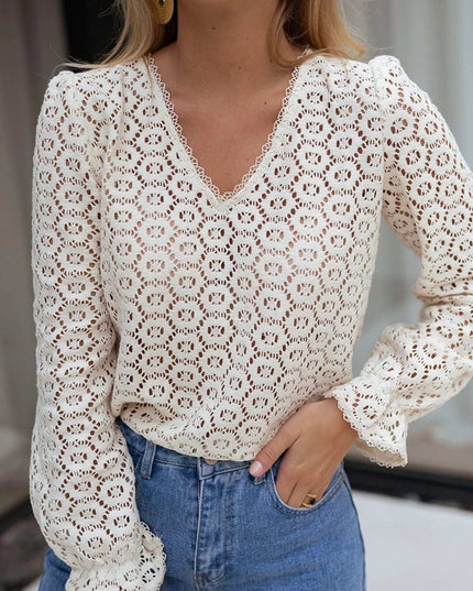 Crochet Lace V-Neck Long Sleeve Blouse