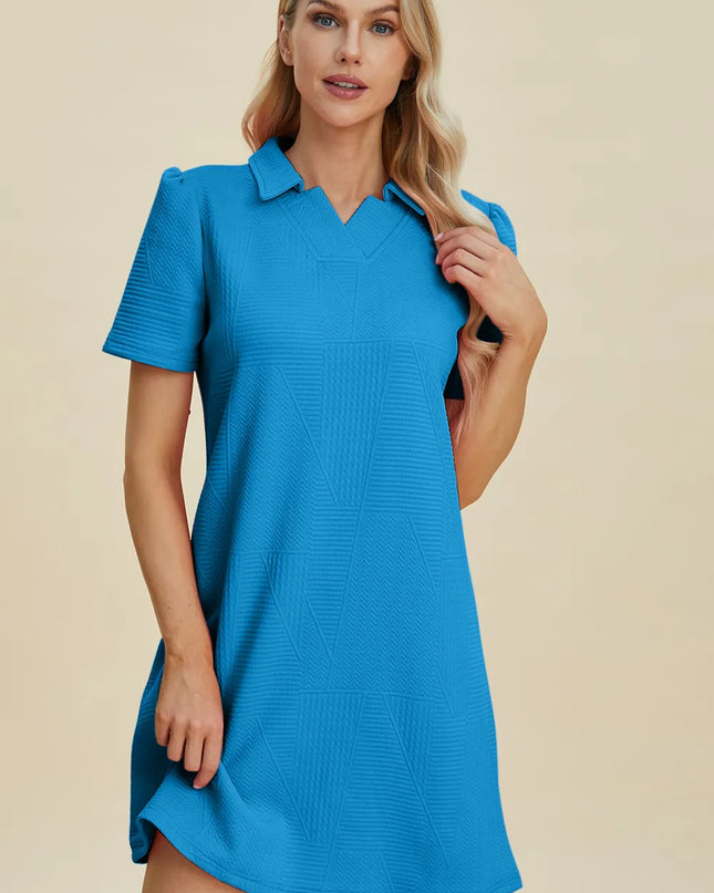 Double Take Full Size Texture Short Sleeve Dress Sky Blue