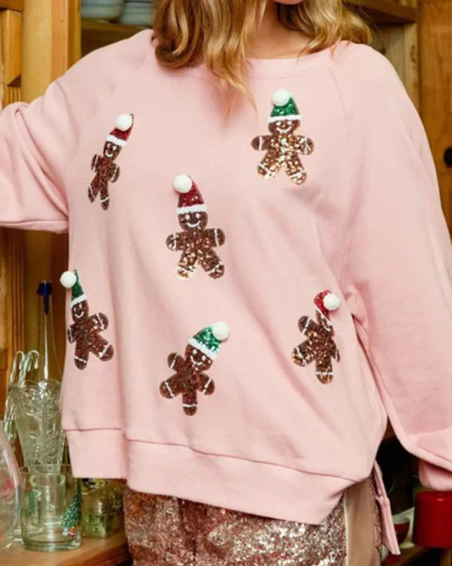 Christmas Sequin Gingerbread Round Neck Sweatshirt Pink