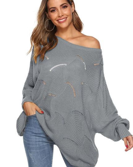 Round Neck Long Sleeve Openwork Sweater Light Gray