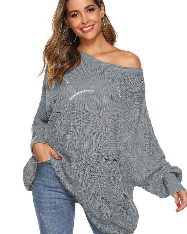 Round Neck Long Sleeve Openwork Sweater Light Gray