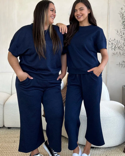 Double Take Full Size Texture Short Sleeve Top and Pants Set Navy
