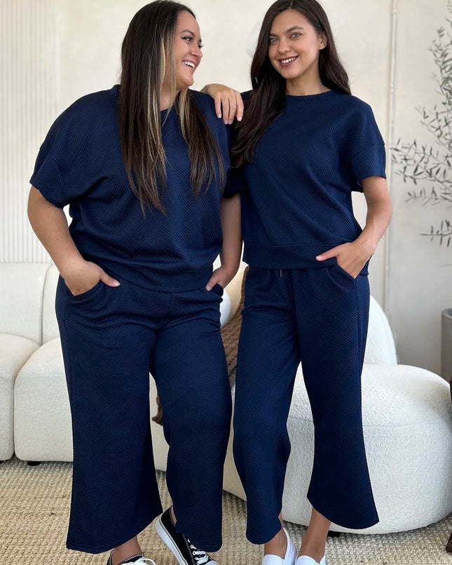 Double Take Full Size Texture Short Sleeve Top and Pants Set Navy