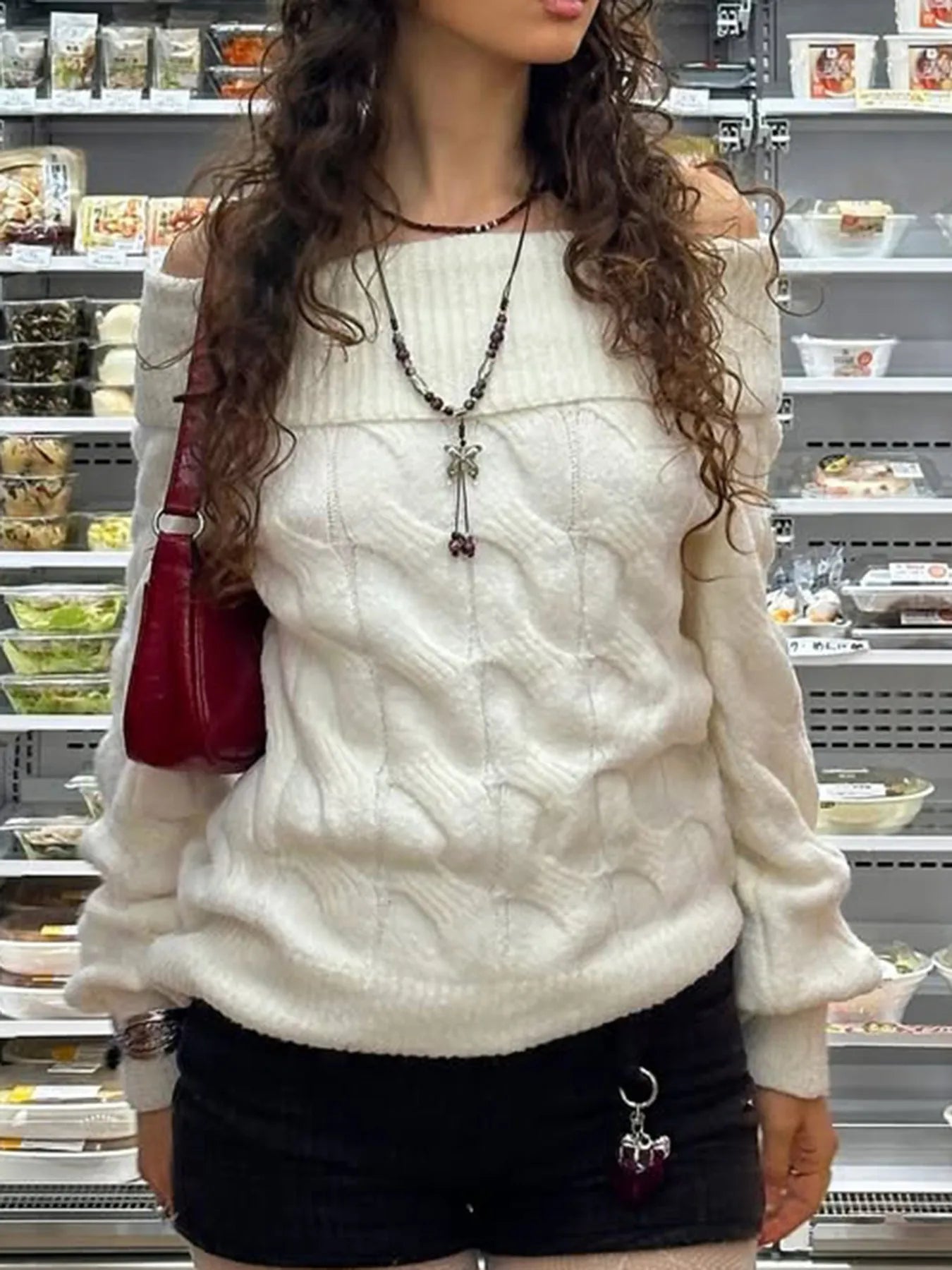 Cable Knit Off-Shoulder Sweater