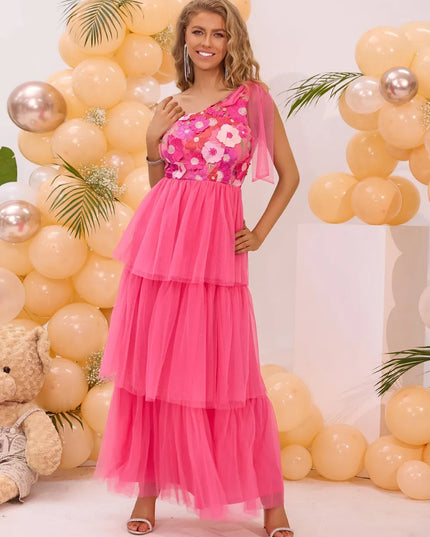 Embroidered Layered Single Shoulder Midi Dress 