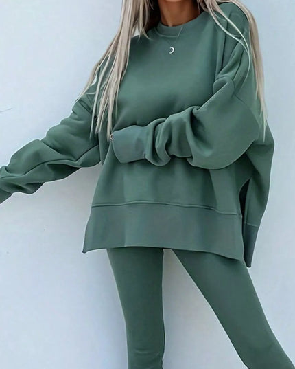 Solid Color Oversize Slit Sweatshirt and Ribbed Leggings 2pcs Set