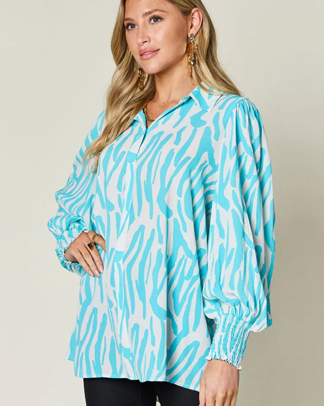 Double Take Full Size Printed Smocked Long Sleeve Blouse Plus Size