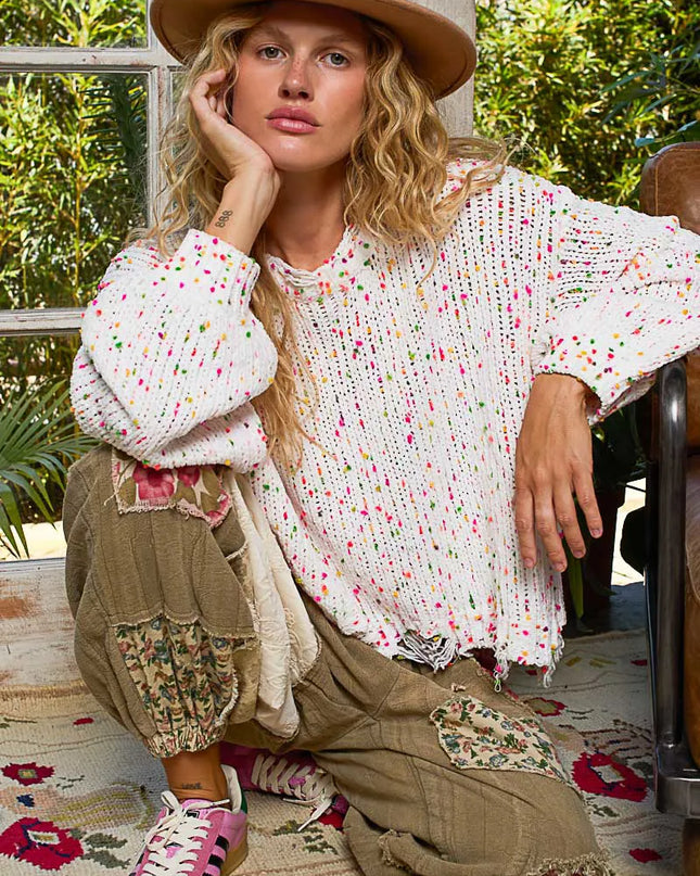 POL Round Neck Fringed Hem Sweater