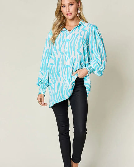Double Take Full Size Printed Smocked Long Sleeve Blouse Plus Size