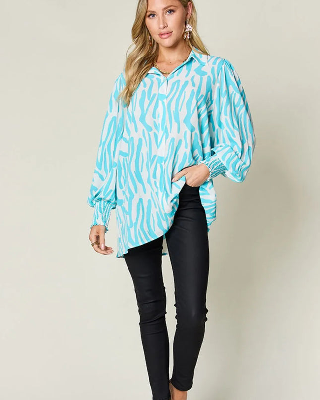 Double Take Full Size Printed Smocked Long Sleeve Blouse Plus Size