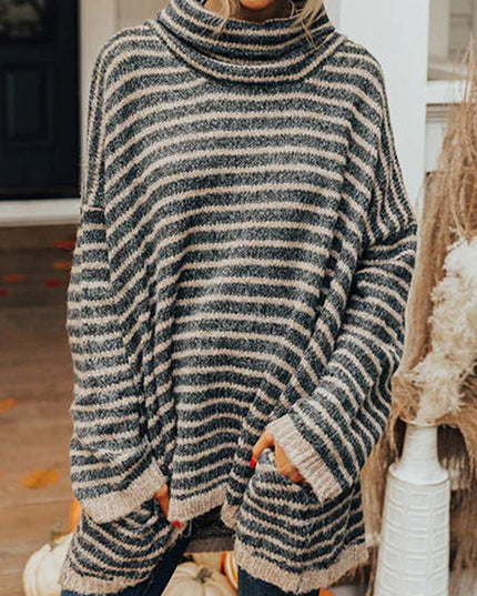 Striped Turtleneck Sweater with Pockets Black